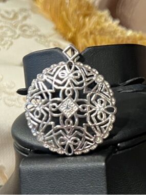 Ornate Round Filigree Pendant for a Necklace - Silver Tone with CZ Stones